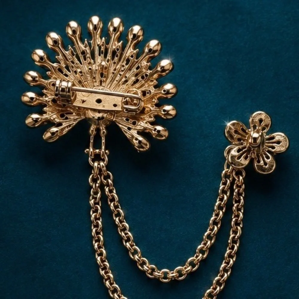 Peacock & Flower Double Chain Brooch   Pin Multi Colored Crystal Accents